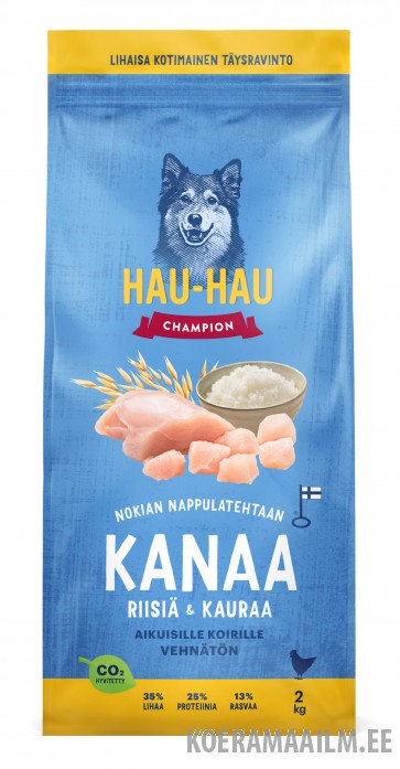 Hau Hau Champion täistoit kõikidele täiskasvanud koertele kanalihaga -riisi ja kaeraga 2kg