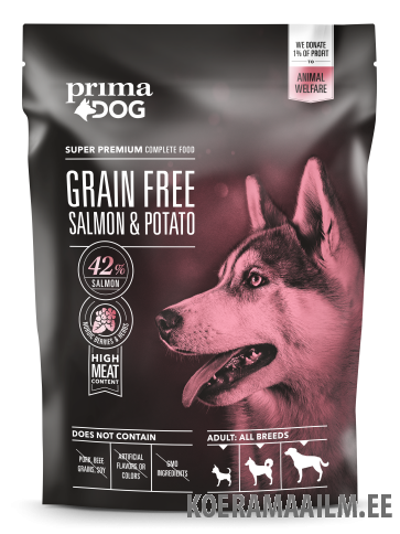 PrimaDog GRAIN FREE täistoit lõhe-kartuli kõikidele täiskasvanud koertele 3kg (Parim enne 23.12.2025)