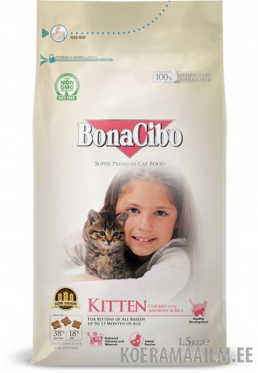 BONACIBO CAT KITTEN kanaliha, anšooviste ja riisiga 1,5kg