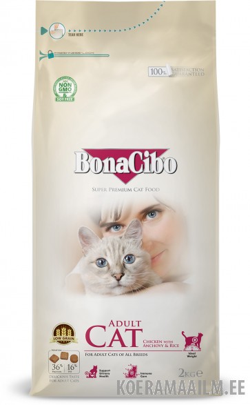 BONACIBO CAT kuivtoit kana, anšoovise ja riisiga täiskasvanud kassidele 2kg