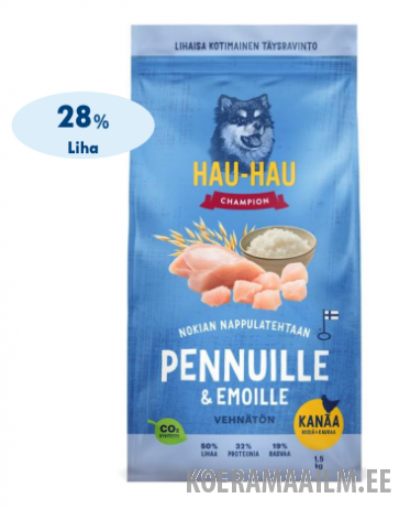 Hau Hau Champion täistoit kutsikatele ja tiinetele/imetavatele koertele kanalihaga, riisi ja kaeraga 1.5 kg